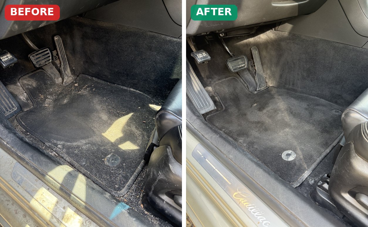 Before and after: a Cadillac driver-side footwell full of dirt and leaves, then deep-cleaned spotless by Grandvista