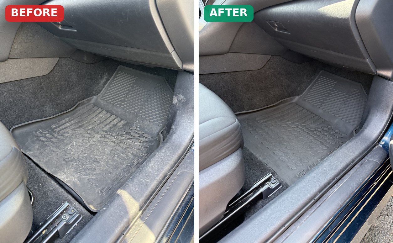 Before and after: a Toyota Camry footwell with a dusty floor mat and carpet, then cleaned like-new by Grandvista