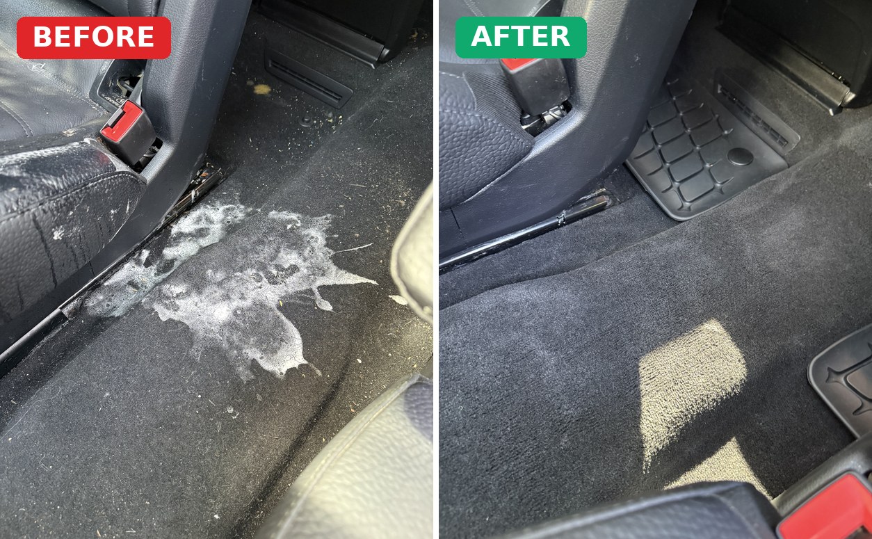 Before and after of a spill on a car's carpet — heavy residue on the left lifted out to clean carpet on the right