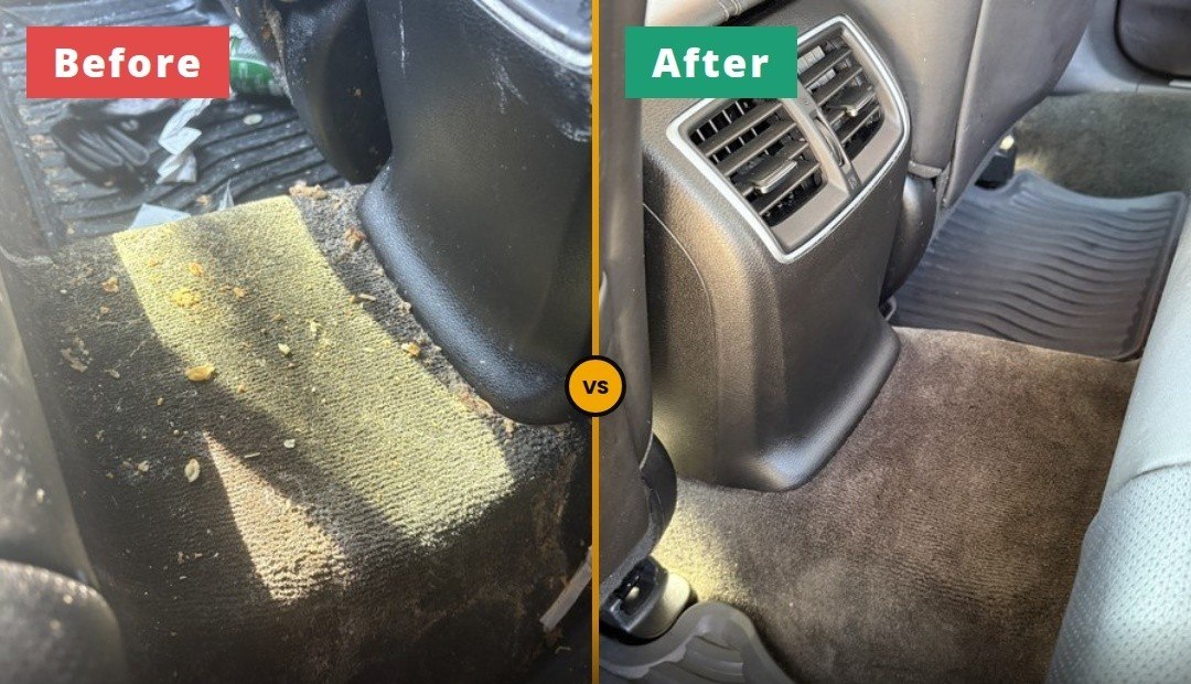 Before and after of a car's rear floor — debris and grime on the left, deep-cleaned carpet and vents on the right