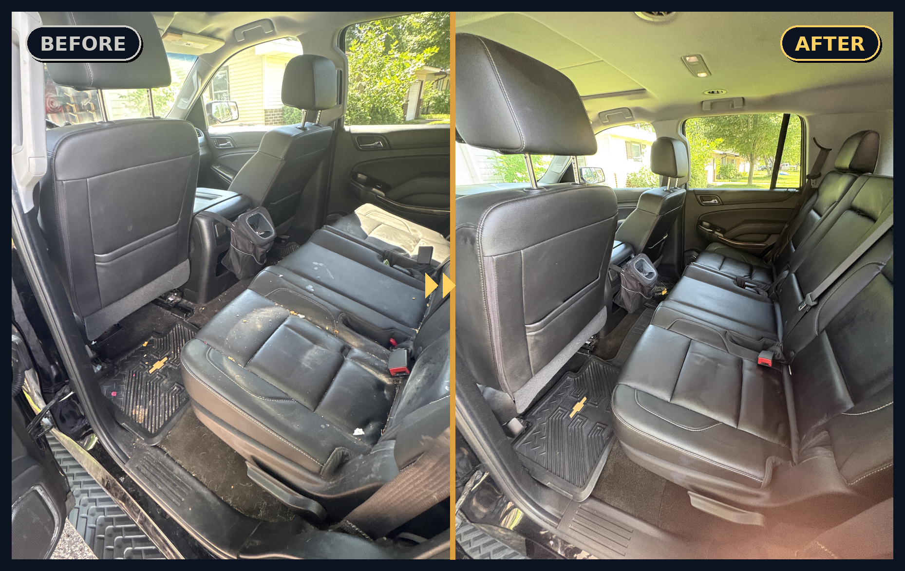 Before and after: a heavily soiled car interior, then deep-cleaned spotless by Grandvista